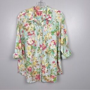 J.Jill uncommon threads 100% cotton floral pintuck detail button shirt, MP.